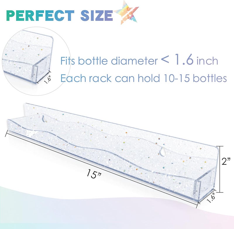 YMVV 15" Nail Polish Rack Wall Mounted Shelf with Iridescent Star Shaped Glitters Sequin Inside,Clear Acrylic Nail Polish Organizer for Nail Techs,Great Display for Salons Retailers（6 Pack） - Image 2